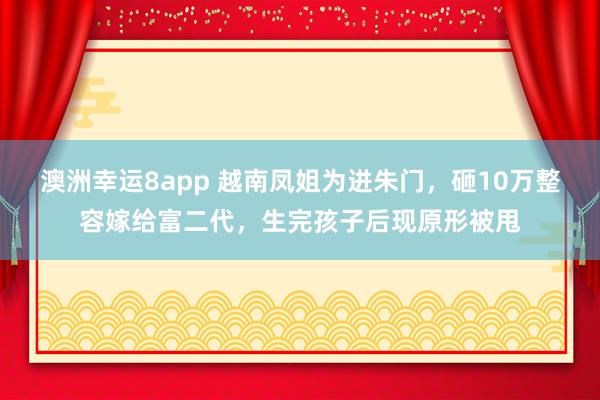 澳洲幸运8app 越南凤姐为进朱门，砸10万整容嫁给富二代，生完孩子后现原形被甩